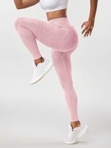 Slayform Slayform 1pc Washed Lotus Root Powder Color Sports Leggings,Tight-Fitting V-Waist Long Pants,Seamless Knit High Elasticity Comfortable Yoga Fitness Casual - Dusty Pink - View 3