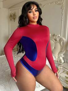 Fantasy Costume Fantasy Costume Plus Size Red Superhero Role Play PU&Mesh Splice Jumpsuit, Curve Bodysuits For Women,Summer Rave Contrast Color Bodysuit - Red - View 3