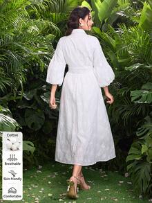 Modelyn Damen minimalistische weiße Lässig Kurzarm Taille geraffte Slim Fit Kleid - Weiss - Übersicht 8