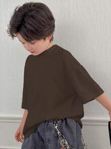 DAZY Tween Boy Solid Color Round Neck Casual Versatile Daily Wear Short Sleeve T-Shirt Summer - Brown - View 5