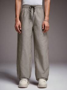 STYNVO Men's Casual Vacation & Commute Striped Print Drawstring Waist Loose Wide Leg Pants - Black - View 1