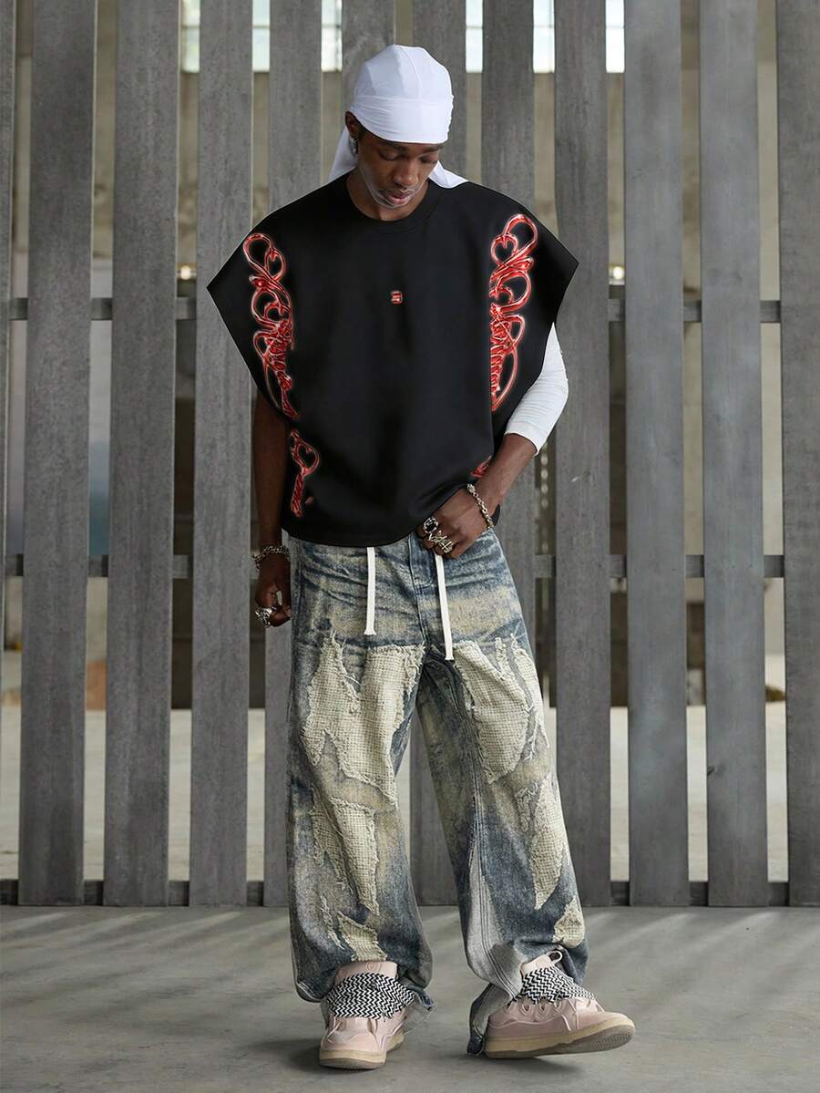 NEON BLANC Men's Neon Script Alphabet Print Tank Top, Oversized Cropped Sleeveless Street Style Essential - Black - View 1