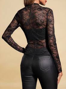 Amorya Áo cánh ren mỏng tay dài thanh lịch cho nữ, eo thắt eo, thích hợp mặc nhiều lớp hàng ngày và nhiều dịp khác nhau, mùa thu - màu đen - Xem 5