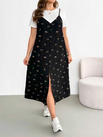 Shapeblank Plus-Size Women's Spring/Summer Fashion Casual Loose Comfortable Everyday Basic Versatile Slimming Two Pieces Set: White Short-Sleeved Top And Black Floral Print Suspender Long Dress,Summer Clothes,Simple Style,Airport Outfits,Vacation Outfits Spring/Summer Casual Vacation Dress For Women Spring/Summer Elegant Dress For Women Midi Dress Sets Dress With Slit  Button Front Dress Two Piece Sets