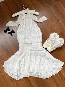 Comfortcana Women's Polka Dot Print Pleated Halter Elegant Sleeveless Mini Dress - Blue - View 4