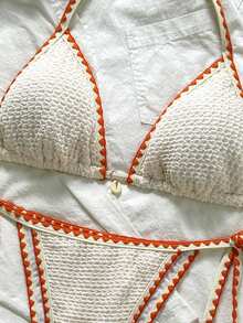 Swim Mod Conjunto de bikini de 2 piezas con tirantes de lazo y volantes de tela jacquard de unicolor para mujer - Albaricoque - Ver 5