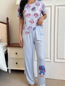 少女卡通印花圆领短袖上衣和裤子休闲家居服套装 - 藍色 - 查看 6