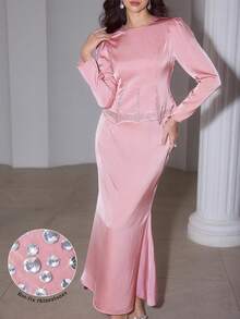 Modelyn 女士法式高端粉色长袖上衣，腰部收紧，搭配鱼尾裙摆两件套 - 藕粉色 - 查看 1