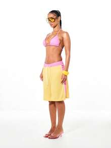 SUMWON WOMEN Women's Contrast Side Panel Wide Leg Drawstring Summer Basketball Terry Shorts With Pink And Yellow Colorblock Design - Yellow - View 5