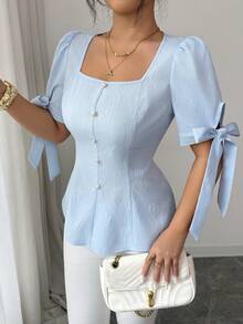 Elenzga Women's Elegant Commuter Square Neck Jacquard Short Sleeve Blouse, Summer - Blue - View 1