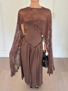 Siren Gaze 女士优雅撞色蕾丝腰身连衣裙，棕色，度假风，秋冬款 - 棕色 - 查看 5