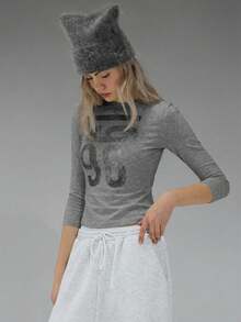 COUREZ Long Sleeve Jersey Top With Front Graphic Print /Y2K Long Sleeve Tops Going Out Tops Women Tops Winter Clothes For Women Blue Top Graphic Tees Women Cute Tops Summer Tops Summer Outfits - Grey - View 3