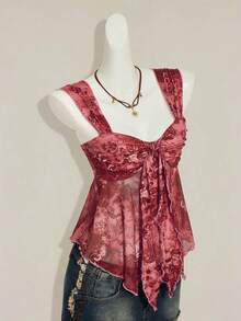 SHEIN ICON Áo tank top nữ in họa tiết cổ điển, viền lưới bất đối xứng - Màu Đỏ Sâu - Xem 8