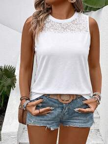 EMERY ROSE Plus Size Women's Lace Trim Patchwork Camisole, Spring/Summer New Arrival - White - View 5