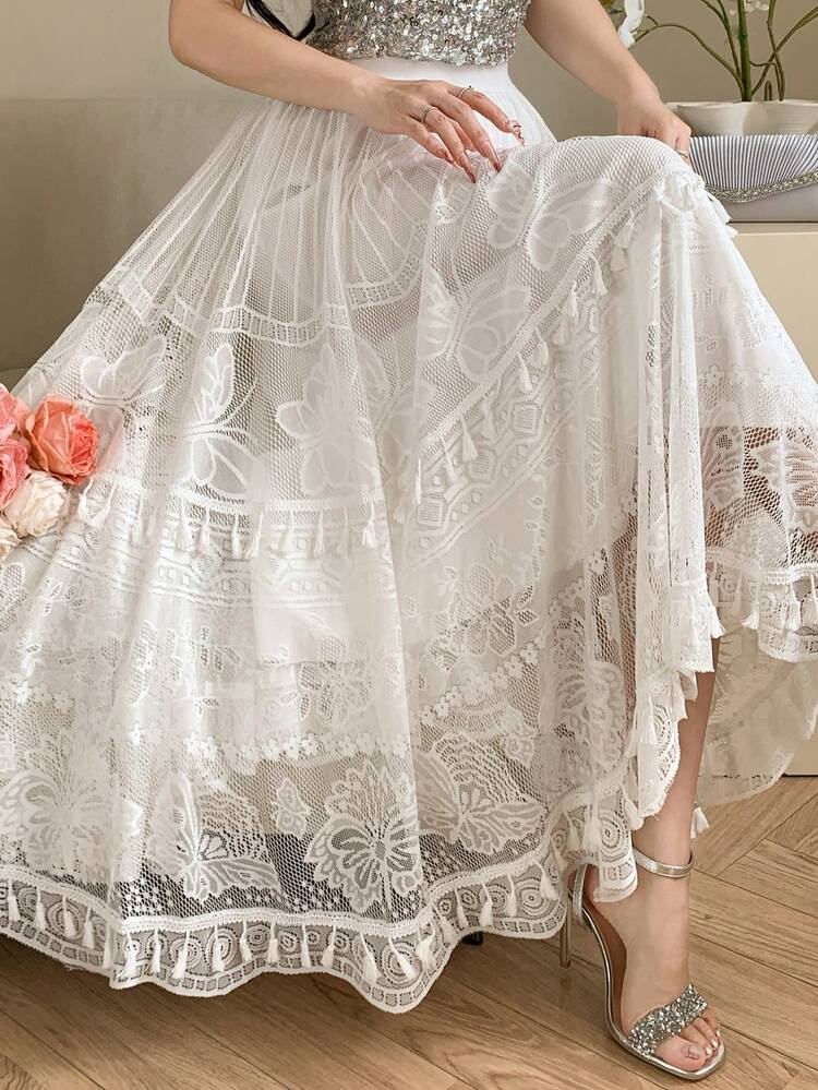 Women's Elegant Solid Color Lace Tassel Elastic Waist White Skirt, Spring/Summer,Wedding Guest Dress Women