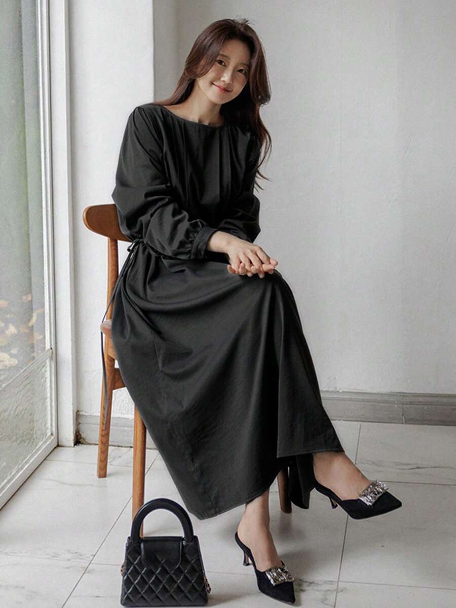 DAZY Đầm dài tay cổ tròn dáng rộng có dây rút dành cho nữ, kiểu dáng mùa hè. - màu đen - Xem 1