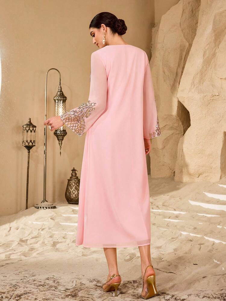 Al Najma Women's New Arrival Elegant Heavy Embroidered Collar Arabic Style Dress - Baby Pink - View 7