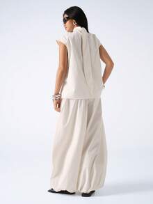 LYSMO 2026 New Arrive Minimalism Spring/Summer Women's Solid Color Stand Collar Asymmetric Hem Top And Wide Leg Pants With Slant Pockets 2 Pieces Set - Beige - View 2