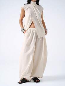 LYSMO 2026 New Arrive Minimalism Spring/Summer Women's Solid Color Stand Collar Asymmetric Hem Top And Wide Leg Pants With Slant Pockets 2 Pieces Set - Beige - View 5