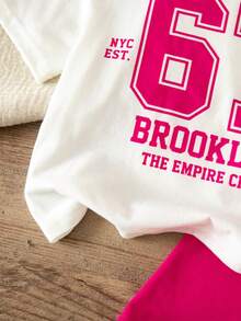 SHEIN 2pcs Baby Girl Casual Sports Letter Print Short Sleeve T-Shirt And Shorts Set, Pink,Kids - Hot Pink - View 5