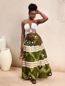 BamGleam 波西米亚风橄榄绿印花多层蛋糕裙，拼接条纹高腰裙，度假风显瘦A字裙，博主同款休闲约会复古风 - 彩色 - 查看 5