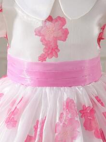 Glamorique Kids Petal Puff Sleeve Ruffle Princess Dress With Floral Decor,Sweet Puffy Pink Party Dress - Pink - View 7