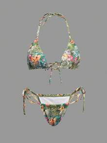 Opulessa 女士印花露背扭结比基尼泳衣套装，沙滩，女士沙滩装，沙滩套装，外出，度假，女士度假装，假日，夏季，夏季服装，女士夏季装，情人节，狂欢节，狂欢节服装，派对，外出，外出装，休闲，优雅，Y2K，花朵 - 彩色 - 查看 1