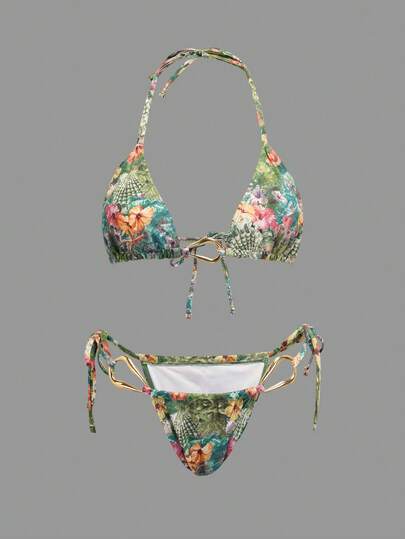 Opulessa Women's Floral Print Halter Twist Front Bikini Swimsuit Set,Beach,Beach Outfits For Women,Beach Set,Going Out,Vacation,Vacation Outfits Women,Holiday,Summer,Summer Clothes,Summer Outfits For Women,Valentine's Day,Carnival,Carnival Costume,Party ,Going Out,Going Out Outfits,Casual,Elegant,Y2k,Flower
