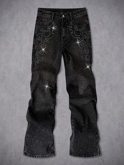 Manfinity EMRG بنطلون جينز كاجوال للرجال للارتداء اليومي مع جيوب وأزرار مرصعة بالراين