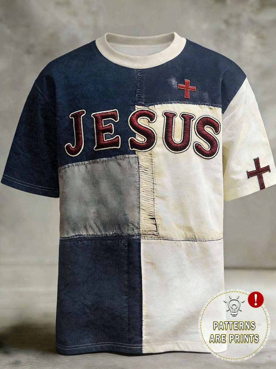 SHEIN 男士复古拼接印花上衣，色彩鲜艳，穿着舒适，耶稣十字架信仰图案修身圆领T恤，适合日常穿着。 - 彩色 - 查看 1