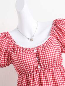 SHEIN 少女格子荷叶边休闲百搭日常穿搭花瓣袖衬衫 - 紅色 - 查看 3