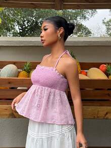 Sunnyshic Women's Pink Embroidered Halter Neck Tie Camisole, Fashionable Versatile For Outings, Dates, Beach Vacations, Cute & Sweet, Spring/Summer Back To School Season - Pink - View 5