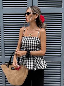 Serisse Gingham Square Neck Peplum Tank Top – Women's Sleeveless Plaid Camisole Summer  Cami  Women's Casual Plaid Camisole Top For Summer,Summer ,Spring,Festival,Party , Birthday,Beach,Vacation,Casual,Wedding,Graduation, Going Out, Elegant, - Apricot - View 4
