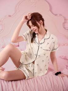 Bonmuse 2er Damen bequemer Mini-Pyjama-Set mit Polka-Dot-Schleifendruck, Kurzarm-Top mit Kragen und Knöpfen sowie Schleifen-Shorts, Sommer-Schlafanzug und Loungewear für den Sommer - Weiss - Übersicht 8