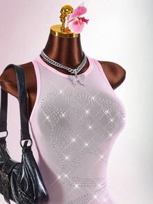 Amplova 2026 New Butterfly Pattern Diamond Sheer Mini Dress For Women - Baby Pink - View 5