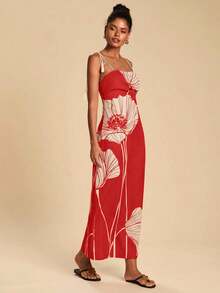Travachic 度假休闲碎花露背吊带连衣裙 - 紅色 - 查看 6