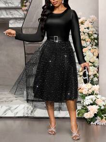 SHEIN Lady Elegant Party Sequin & Mesh Patchwork Black Dress - Black - View 1