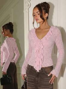 Glamine Cardigan tricoté fin avec décolleté plongeant, volants et nœud devant, couleur abricot, convient pour le port quotidien à la maison - Rose bonbon - Voir 4
