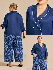 LUVLETTE Conjunto de pijama de talla grande con estilo marinero - Top de satén con doble botonadura y pantalones anchos con estampado floral azul, conjunto de ropa de dormir a la moda - Azul - Ver 4