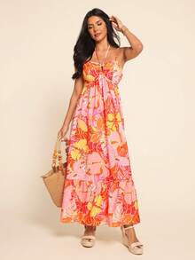 Coeurva Robe imprimée en mousseline pour femmes, idéale pour le printemps/été et les vacances - Orange - Voir 3