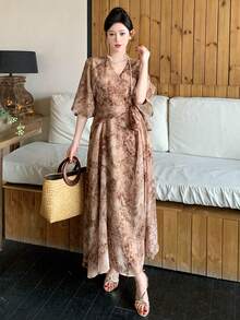 DAZY 女士夏季休闲度假风印花交叉领裹身系腰连衣裙 - 淺綠色 - 查看 1