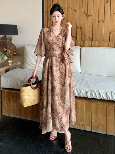 DAZY 女士夏季休闲度假风印花交叉领裹身系腰连衣裙