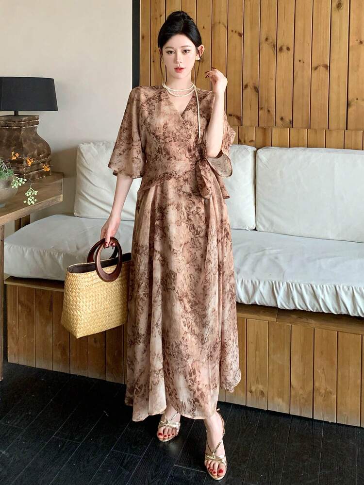 Women's Summer Casual Vacation Style Allover Print Surplice Neck Wrap Tie Waist Dress Sundress