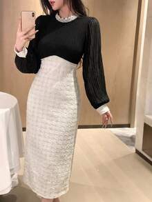 DAZY 优雅撞色高领修身中长连衣裙，适合派对、庆典、婚礼宾客等场合的及地长裙 - 黑與白 - 查看 6