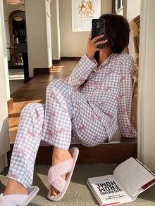 Napfluff Pink Plaid Bow Collar Loose Long Sleeve & Pants Women Pajama Set - Mauve Purple - View 6