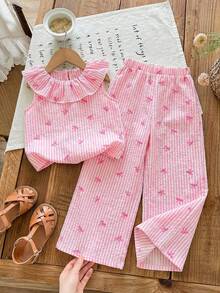 SHEIN LMoss Kids 2pcs Young Girl Chiffon Ditsy Floral Ruffle Trim Top And Loose Pants Set - Pink - View 2