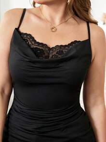 Reflora Plus Size Elegant Black Lace Draped Collar Camisole Top,Stretchy Knit V-Neck Summer Night Tops For Women,Vintage Retro Style - Black - View 8