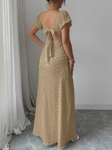 Rafferiza Đầm dài nữ màu trơn, xẻ tà, thiết kế thanh lịch, thắt eo, thích hợp cho các buổi hẹn hò và tiệc tùng. - Màu Khaki - Xem 2