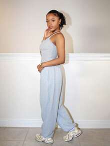 Steph T 女式宽松长款松紧腰带慢跑裤，卷边下摆 Y2k，女式慢跑运动裤 - 灰色 - 查看 4