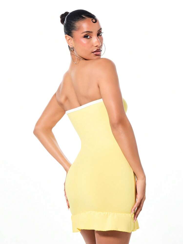 BABYPHAT Jersey Bandeau Mini Dress With Tie Detail Ruffle Hem Strapless Bodycon Summer Party Yellow